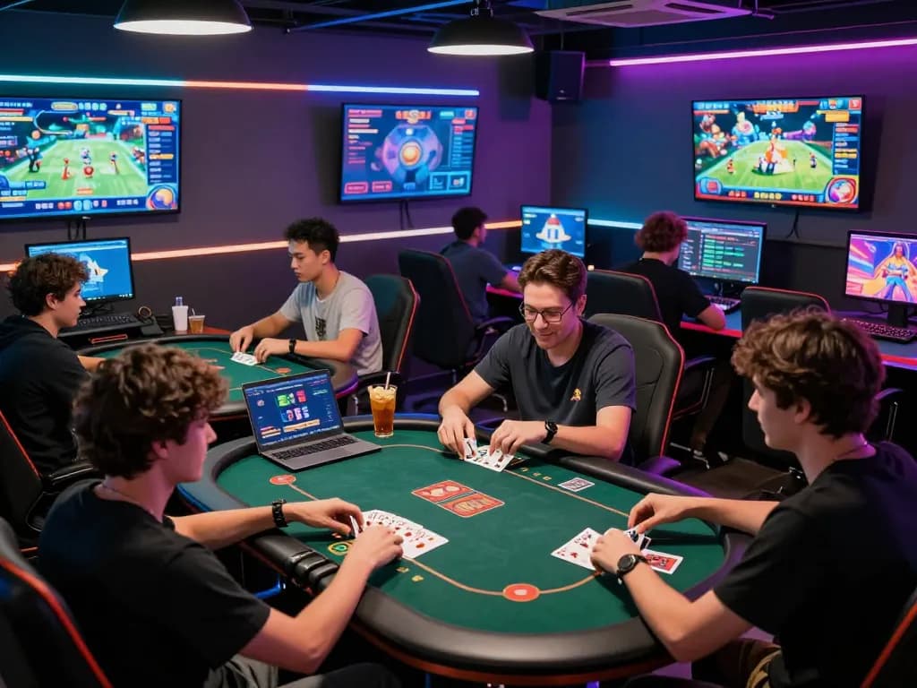 Engaging scene of diverse players enjoying Game bài in a modern gaming café.