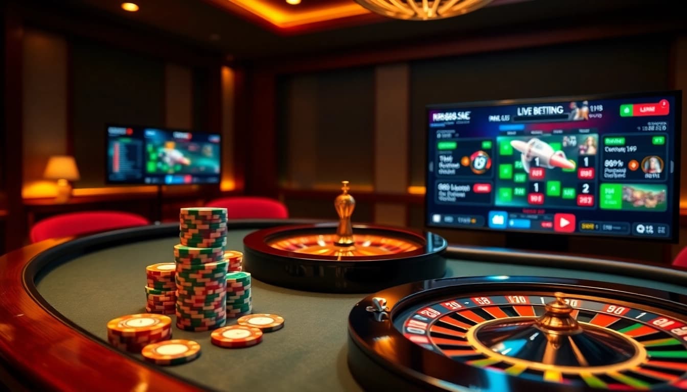 Experience the thrilling ambiance of https://rr88c.pro/ with a vibrant live casino scene featuring a roulette wheel and poker chips.