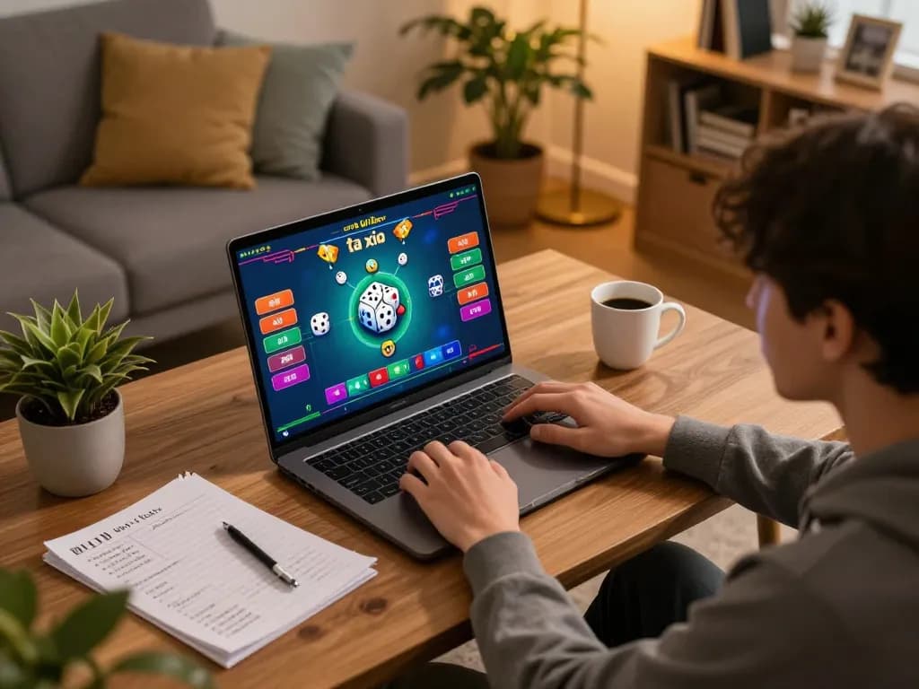 Engaging in tài xỉu online game at home with strategic betting notes visible.