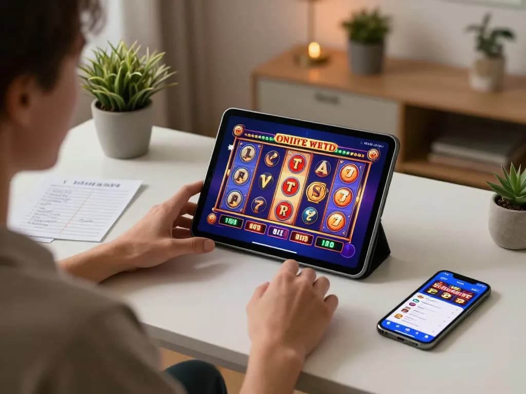 Engaged player using tablet for online casino gameplay, showcasing Five88 uy tín in a comfortable modern setting.