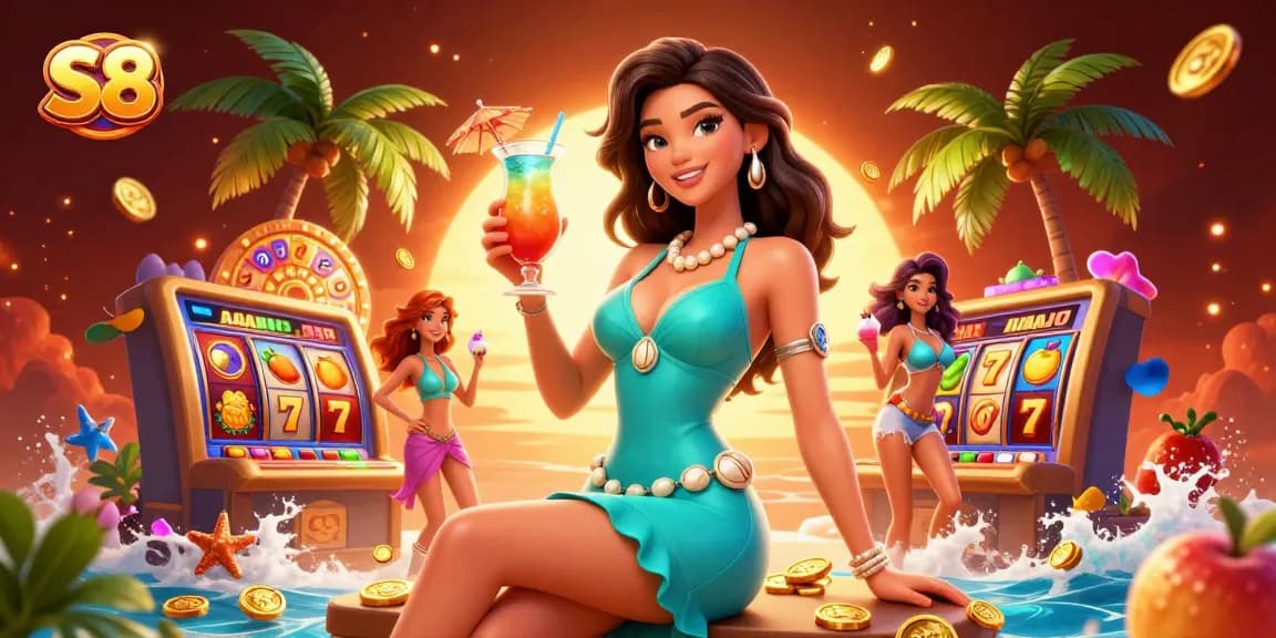 Win big with S8 at a vibrant casino resort featuring slot reels and a gorgeous cocktail.