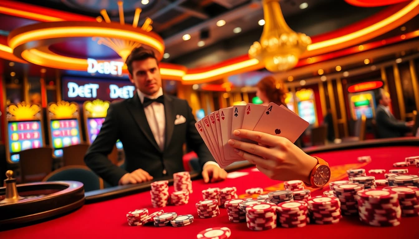 Players experience excitement and luxury while betting at DEBET's vibrant casino tables.