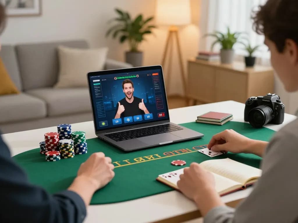 Engaging online poker gaming experience with BJ88 platform showcased in a home office setting.