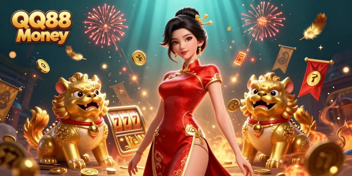 Experience the thrill of QQ88 Money with exciting slot reels amidst festive fireworks and golden guardians.