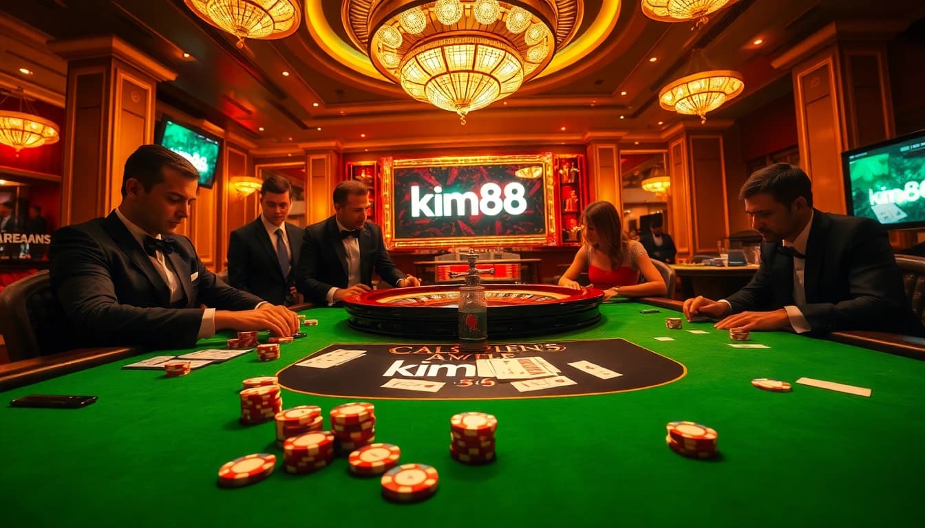 Engaging high-stakes poker game scene at km88 casino showing players focused and vibrant atmosphere.