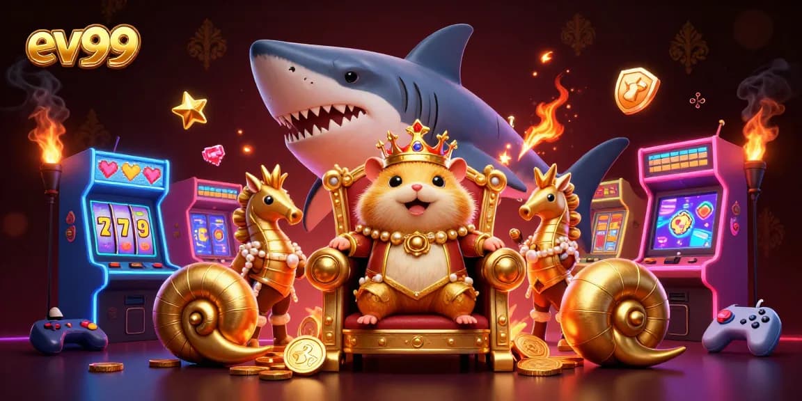 Win exciting rewards at ev99 with a golden hamster king presiding over vibrant gaming adventures.
