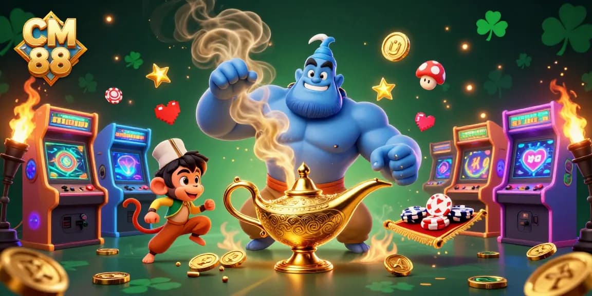 Experience thrilling gaming at CM 88 with a vibrant casino scene featuring a genie and playful elements.
