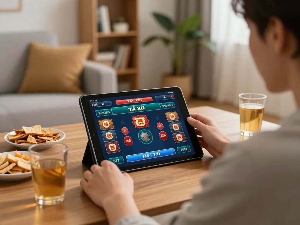 Engaging in tài xỉu online betting from a cozy home setup, focusing on a tablet interface.