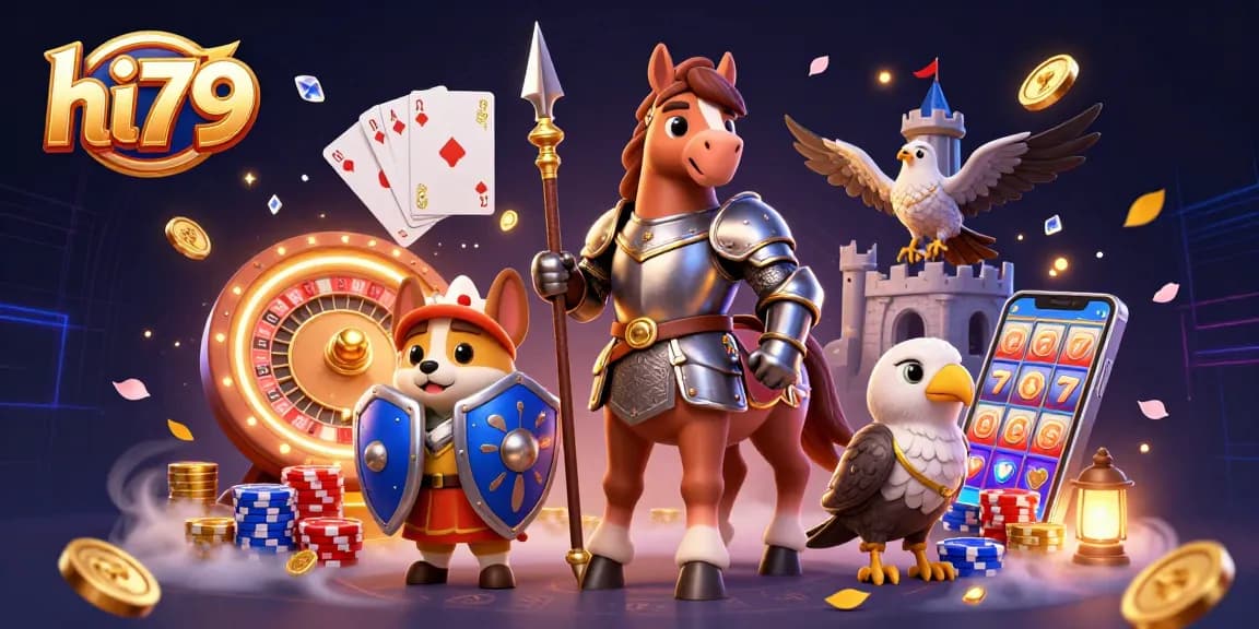 Catch the excitement at hi79 as a knight battles with cascading coins and playing cards in a vibrant casino scene.