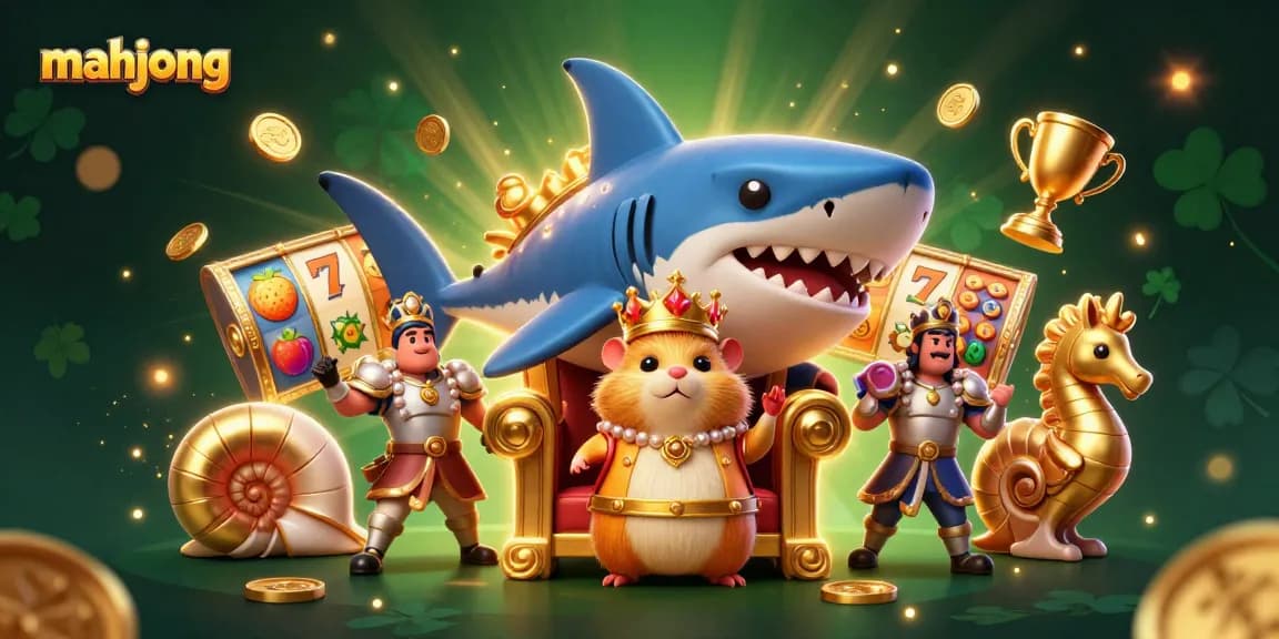 Play mahjong online in an exciting casino scene with a golden hamster king and vibrant slot reels.