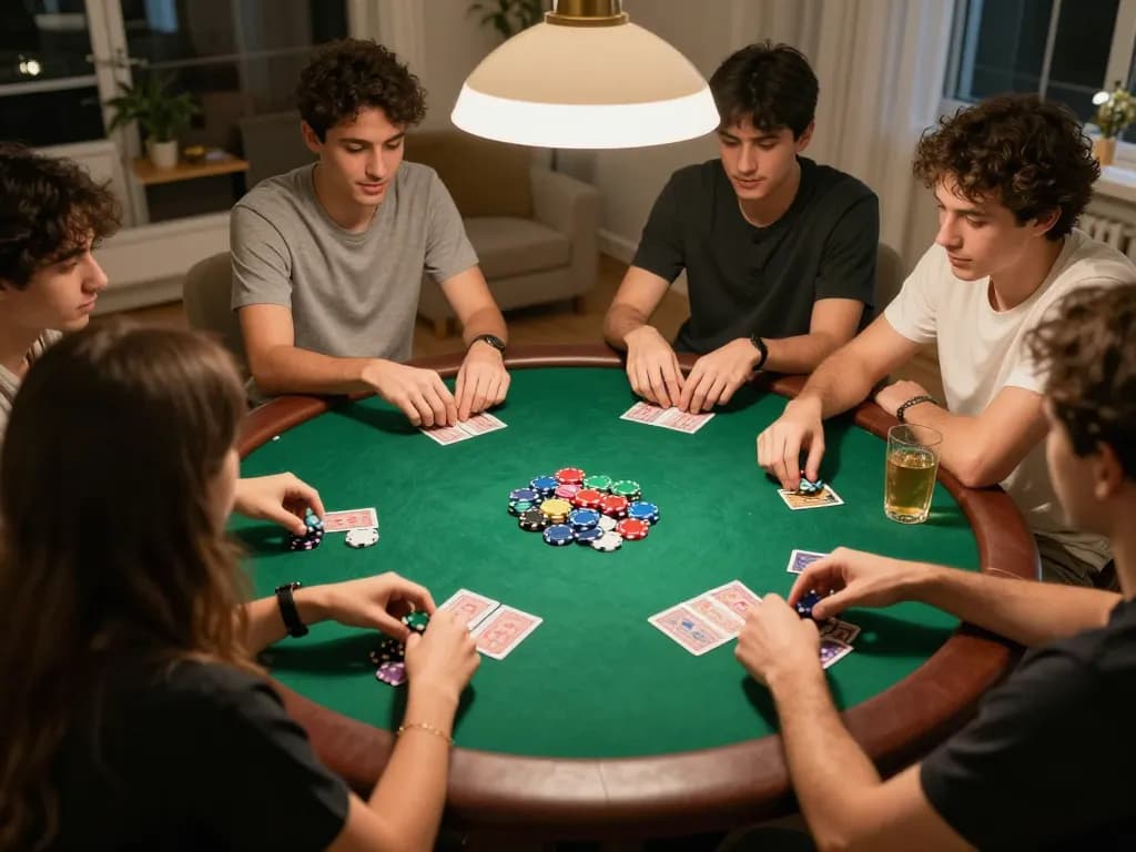Engaging home poker night with friends showcasing dh88 strategies in action at a vibrant green table.