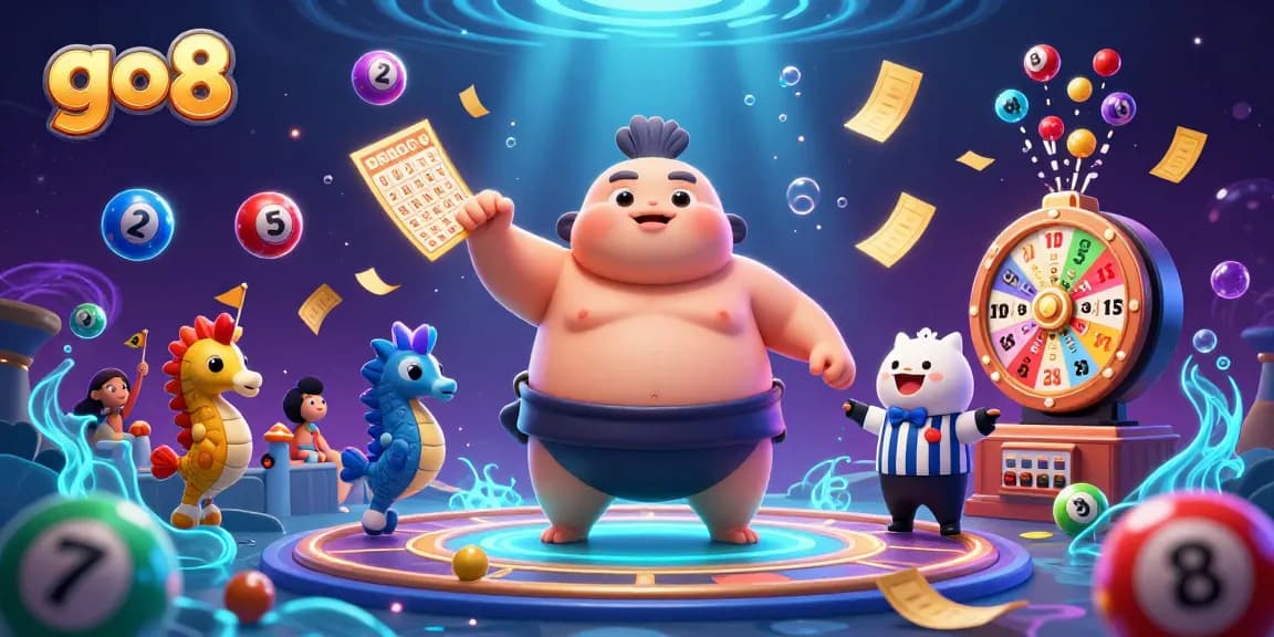 Engage in the go8 lottery scene with fugu, catfish referee, and vibrant game elements.