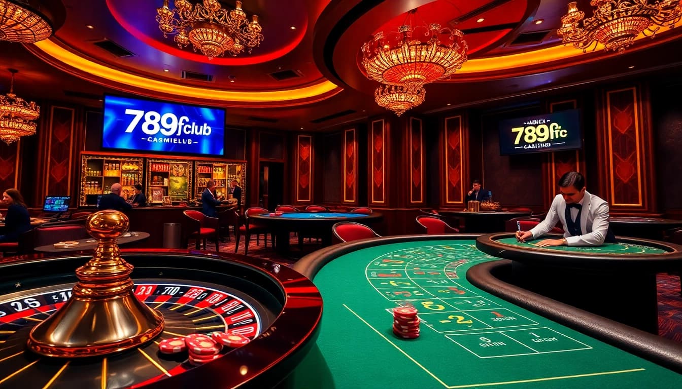 Players enjoying thrilling games at 789fclub casino, vibrant atmosphere with cards and chips.