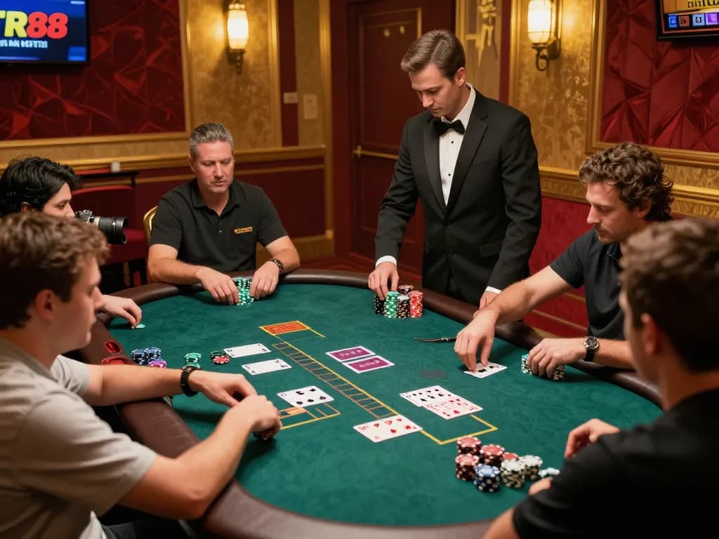 Players engaged in an exciting card game at a live casino, showcasing the thrilling atmosphere of TR88 link.