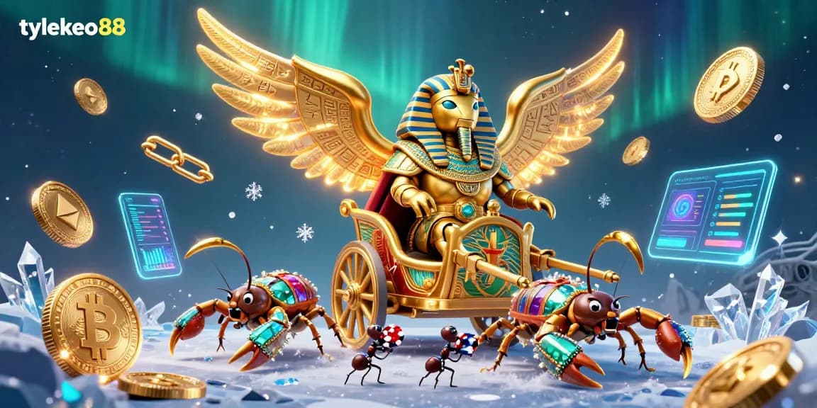 Place bets strategically with tylekeo88, a vibrant 3D depiction of a golden scarab beetle in a gambling scene.
