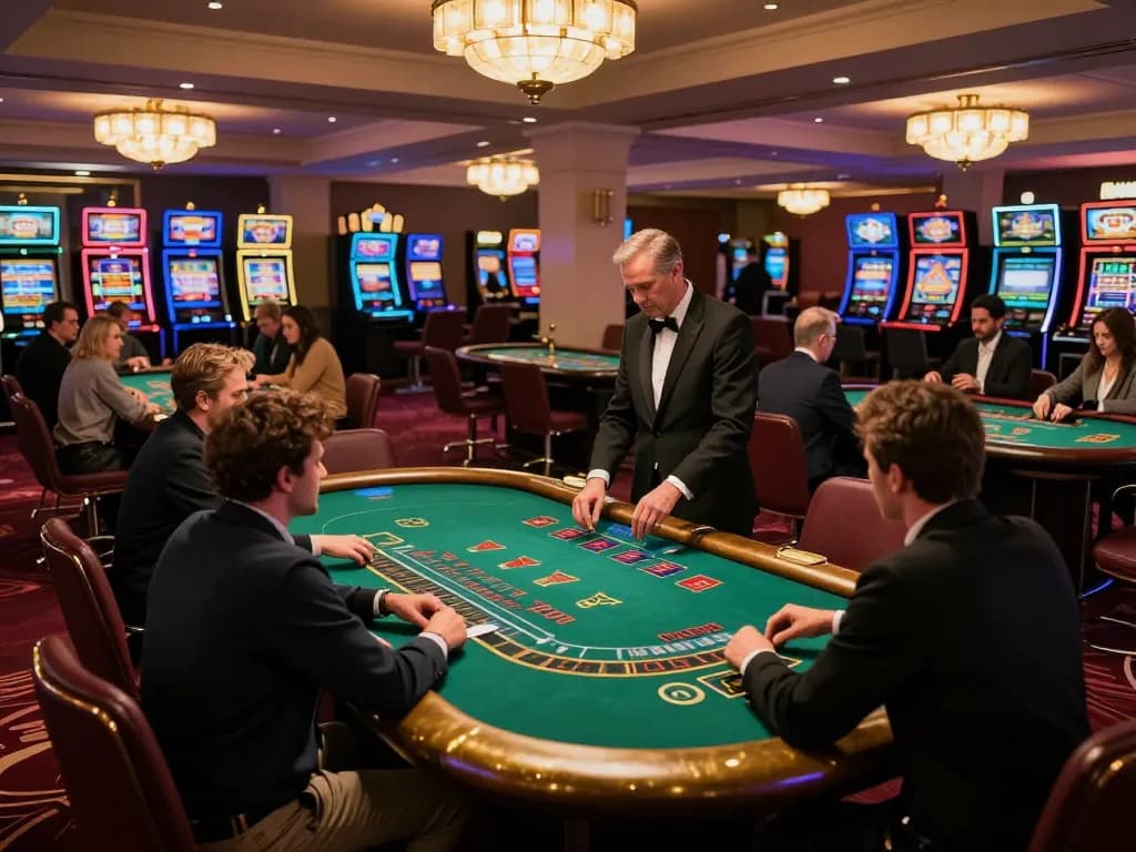 888NEW players enjoying blackjack tables in a vibrant casino setting, highlighting strategic gameplay.
