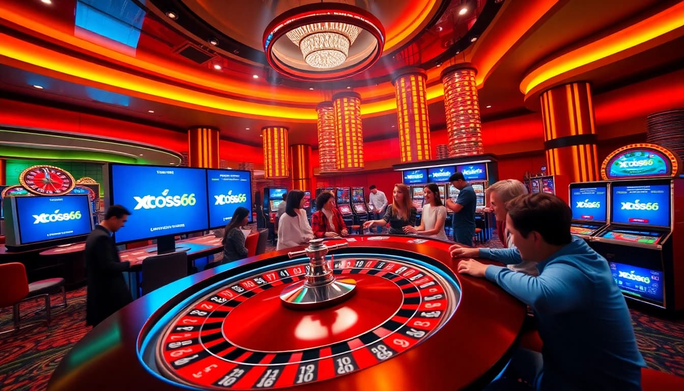 Players engaged in thrilling casino action at xoso66, enjoying roulette and card games.