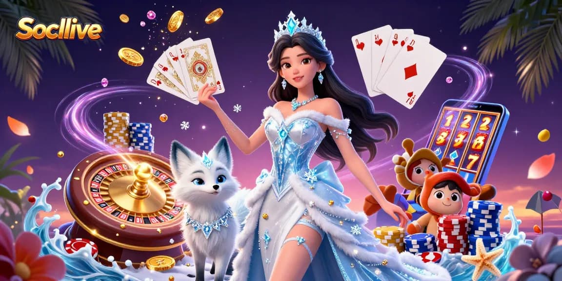 Socolive's thrilling online gambling scene with a captivating ice queen and her fox companion amidst gold coins and poker elements.