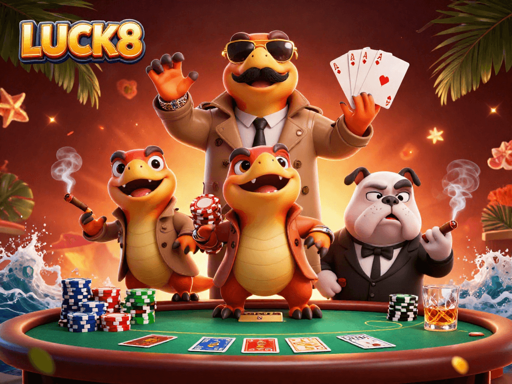 LUCK8 mang đến trải nghiệm cờ bạc với ba con khủng long ngốc nghếch trong một sòng bạc.