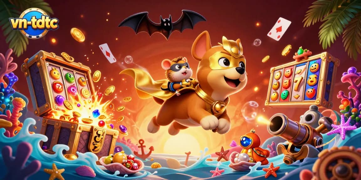 Engage with vn-tdtc in this colorful 3D casino illustration featuring a heroic dog and gambling elements.