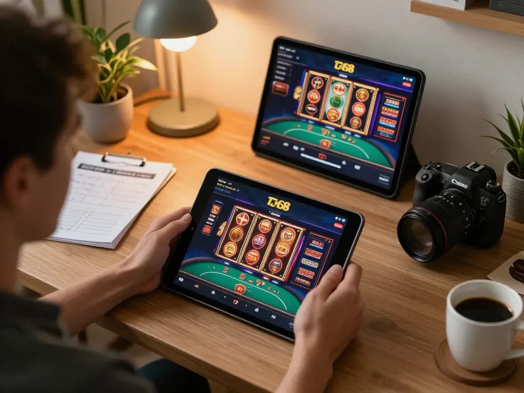 Player engaging with twin68 casino app on tablet in a cozy home office setting