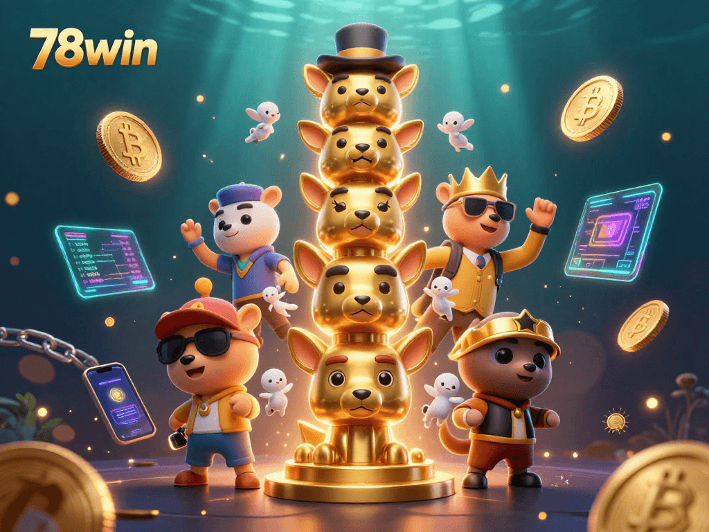 Join the thrill of 78win as stacked animal faces celebrate winning moments in this vibrant casino scene.