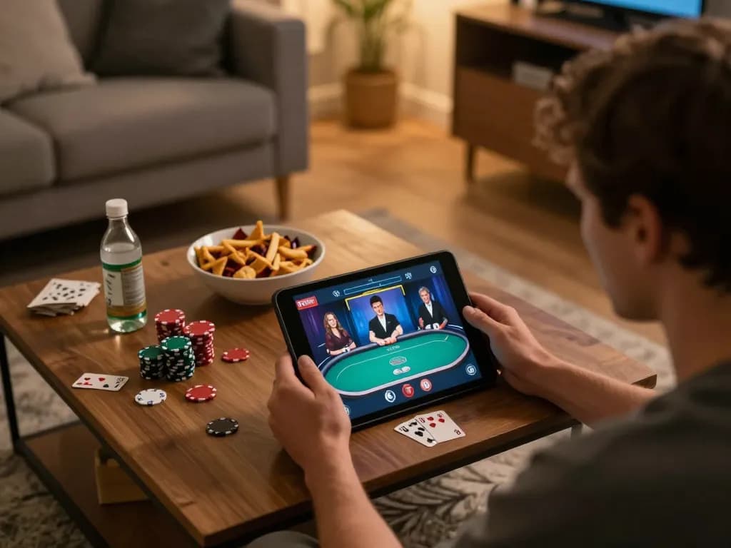 Engaging online poker gameplay at https://sc88.casino/ shown on a tablet in a cozy home setting