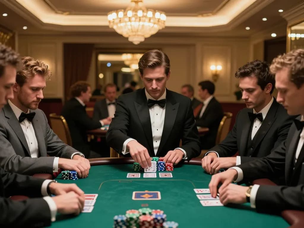 VIPWIN poker players engaging in strategy during a high-stakes game at an upscale casino, showcasing excitement and tension.