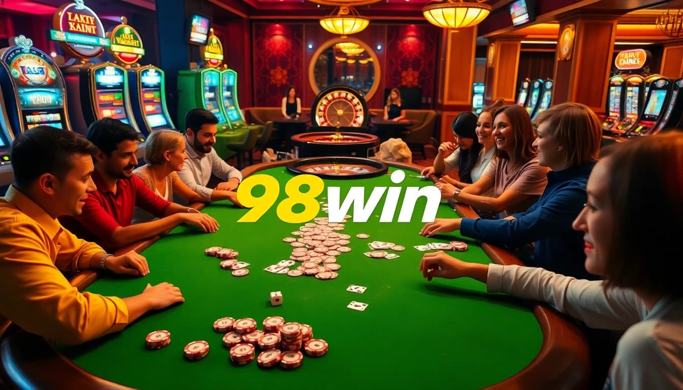 Players enjoying poker at a casino table, highlighting 98win's engaging gambling experience