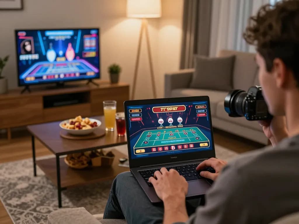 Playing live casino games at home on KKBD Casino, enjoying a cozy atmosphere with snacks and drinks.