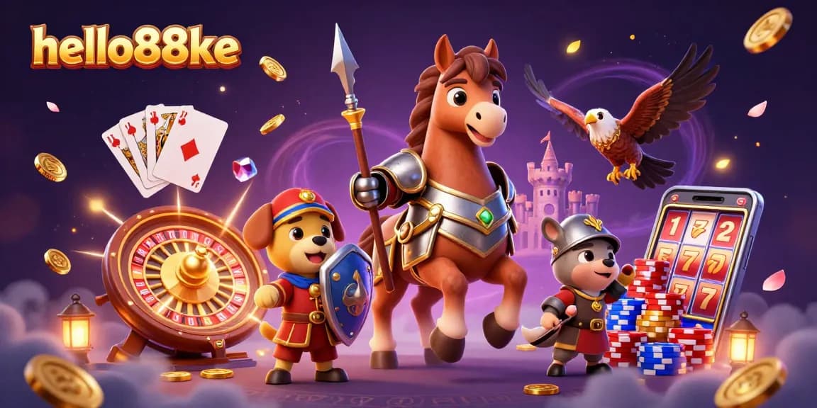 Win big at hello88ke with a knight, puppy, and falcon amidst cascading coins and gaming elements.