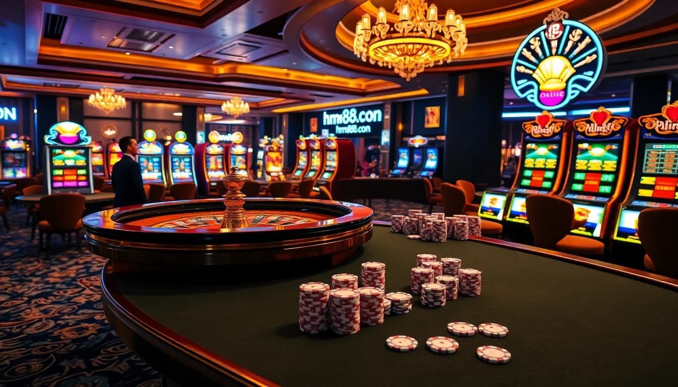 Exciting casino scene with roulette and slot machines at hm88.con, highlighting professional gameplay.