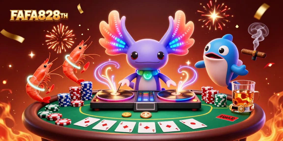 Engage with FAFA828TH at a vibrant poker party scene with lively characters, poker elements, and colorful energy.