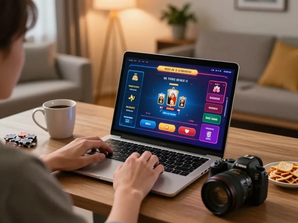 SV88 poker action on a sleek laptop at home with vibrant digital interface, cozy atmosphere.