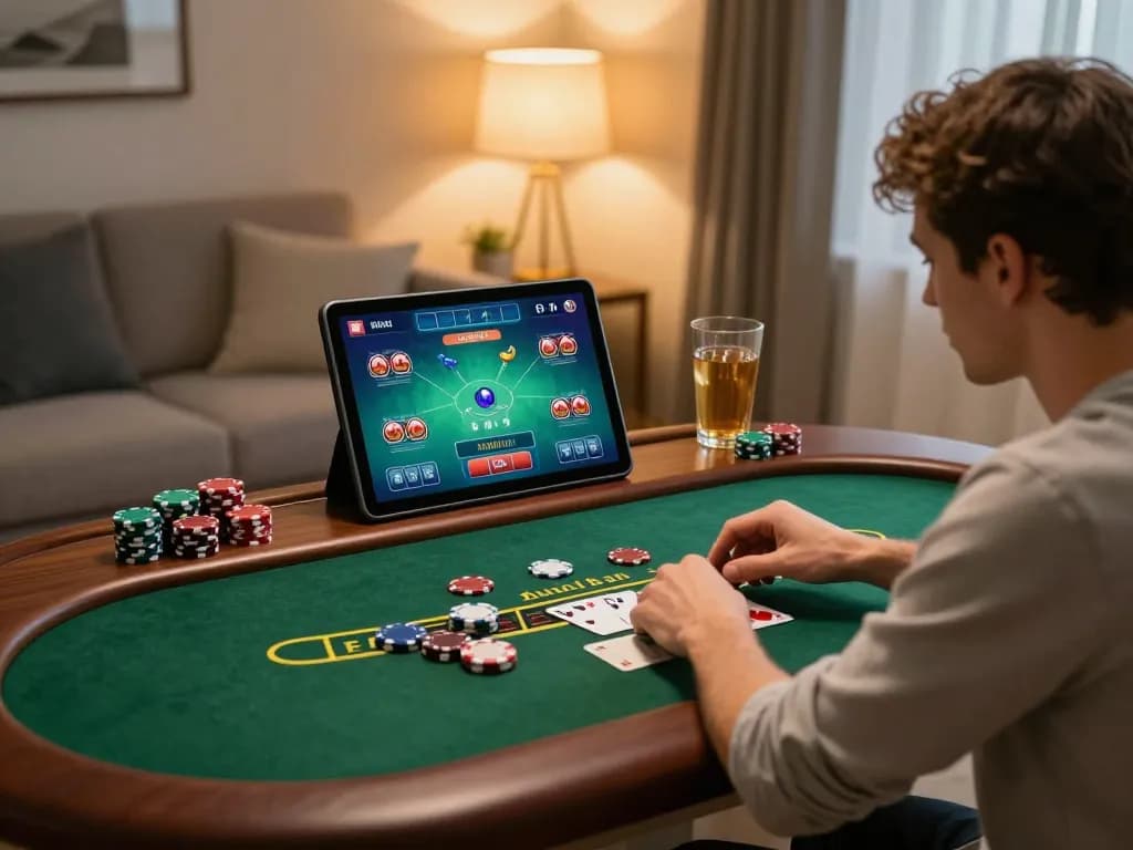 Engaged player experiencing online blackjack through nhacaiuytinn, immersed in a home setting.