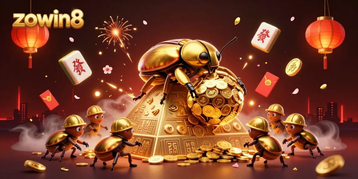 Experience the excitement of zowin8 with a dynamic casino scene featuring golden beetles and festive elements.