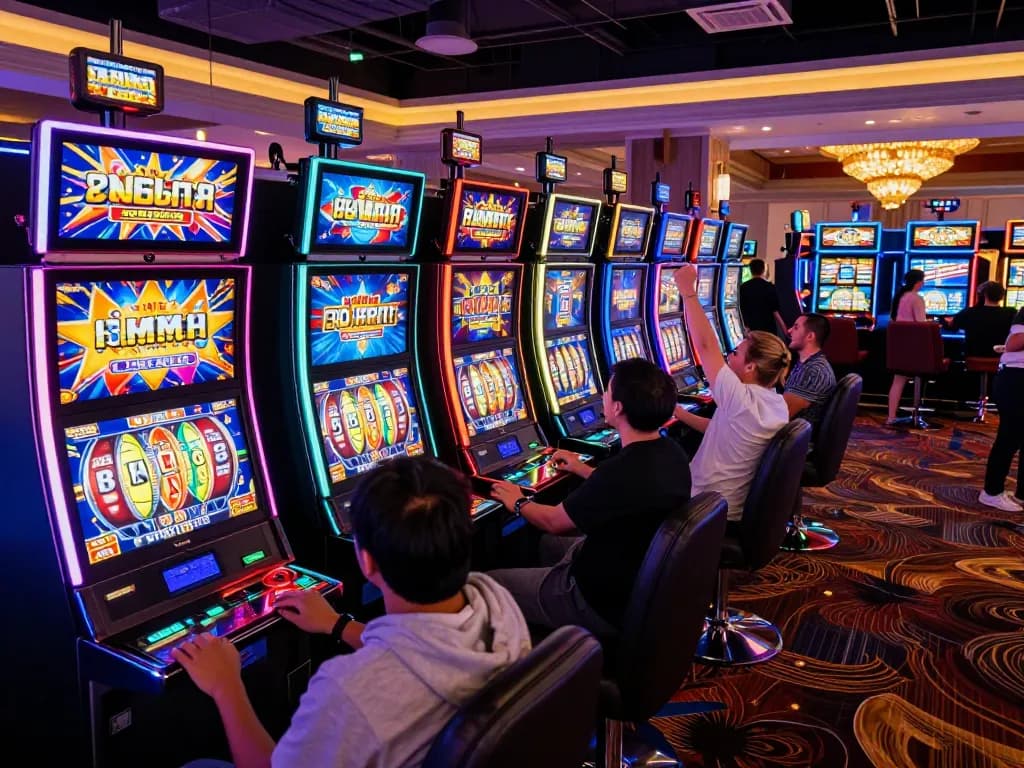 Players enjoying the excitement of 92slot's vibrant slot machines at a lively casino.