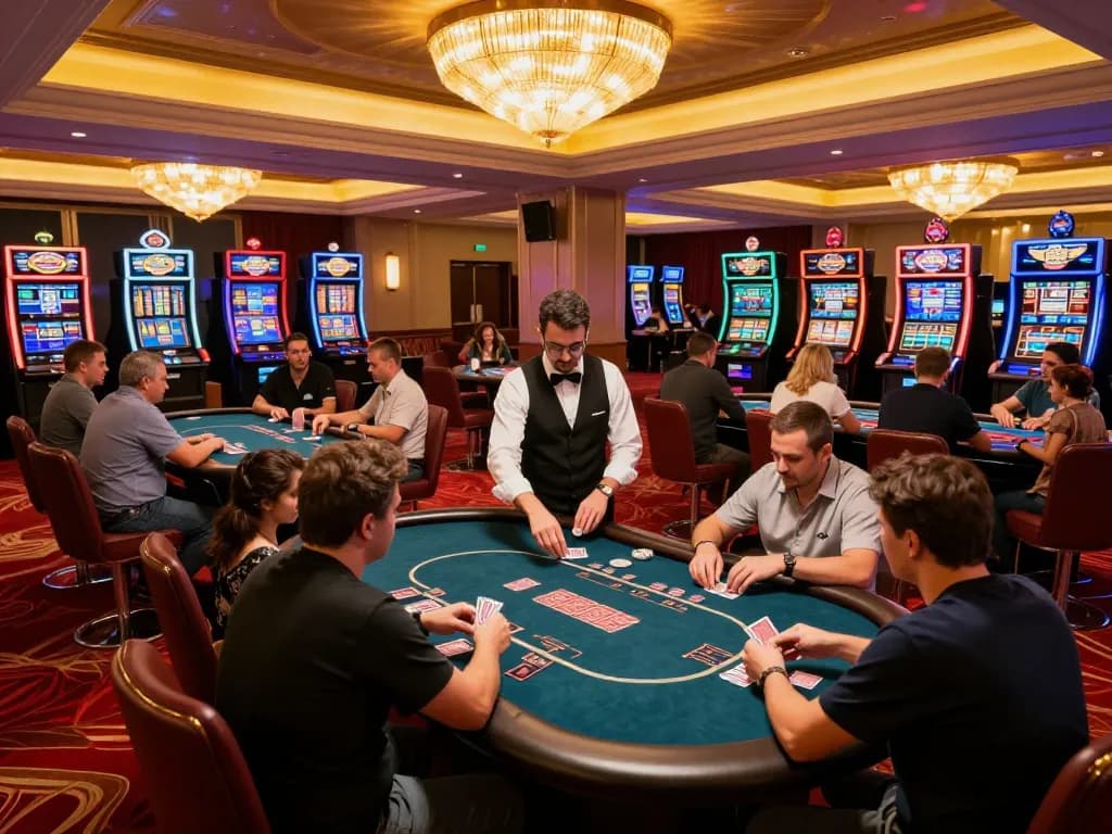 Players strategizing at cm88-bet poker tables in a luxurious casino environment.