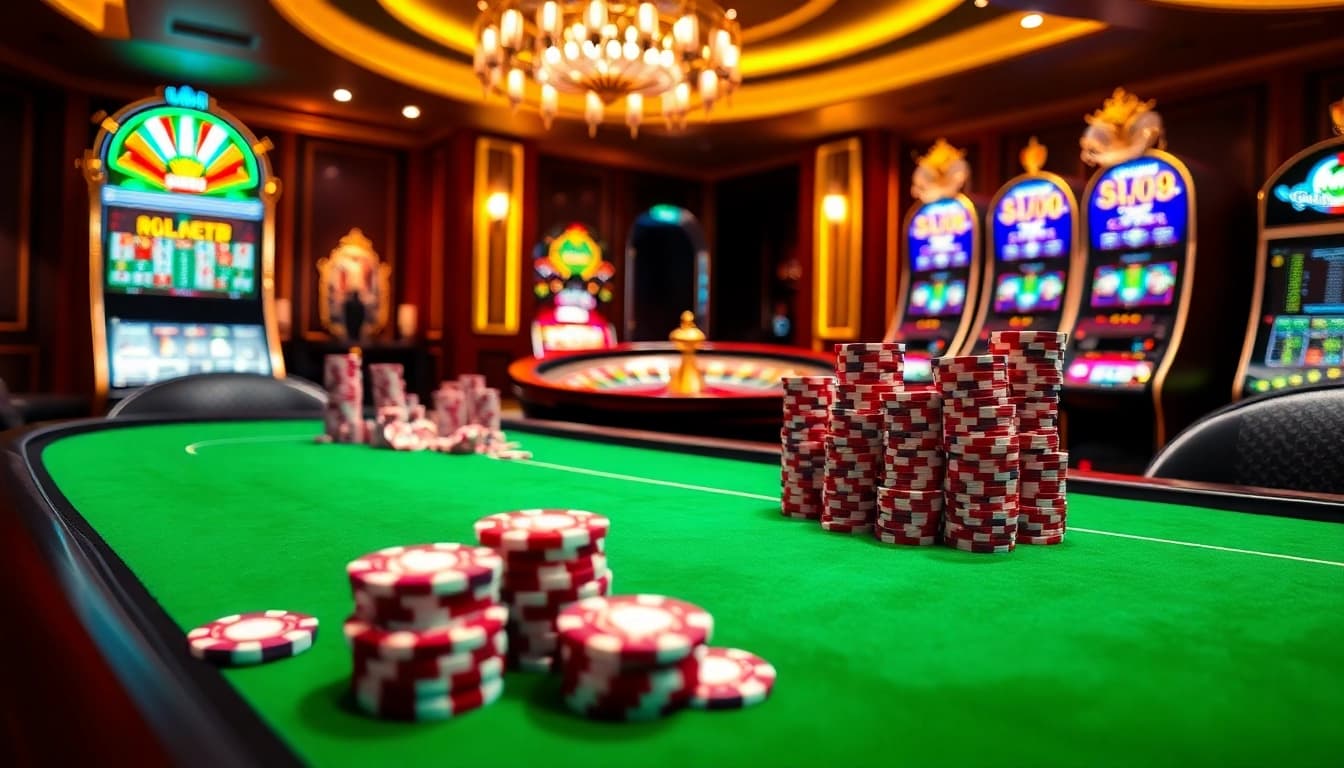 Experience the excitement of 89BET at a vibrant poker table with chips and a roulette wheel.