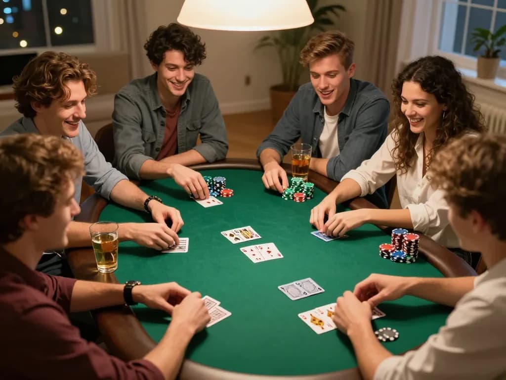 Engaged friends playing cards during a lively home poker night, showcasing strategic bets and camaraderie with NOWGOAL at the forefront.