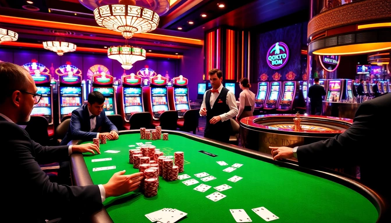 Poker players strategizing at QQ88 COM casino table with vibrant chips and cards.