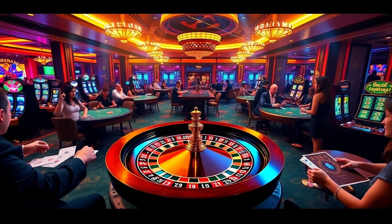 Players enjoying an exciting game at https://hitclub9.vip/, featuring poker chips and a roulette wheel.