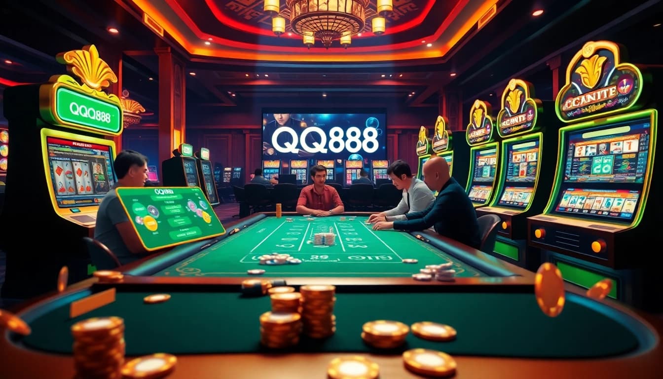 Exciting gaming experience at QQ88 with vibrant casino visuals and engaging players.
