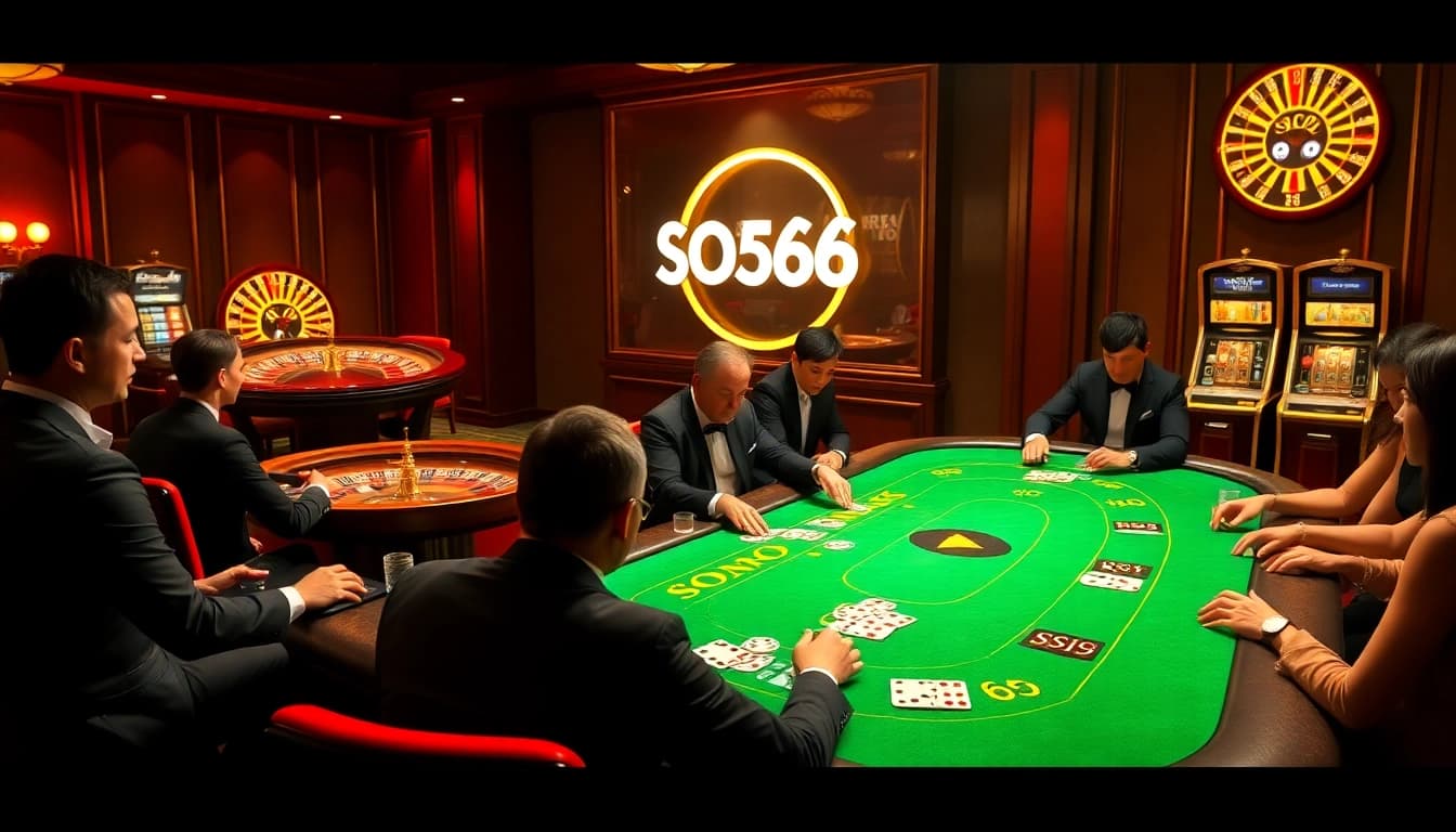SODO66 players enjoying an elegant poker game at a luxury casino table with roulette and slot machines.