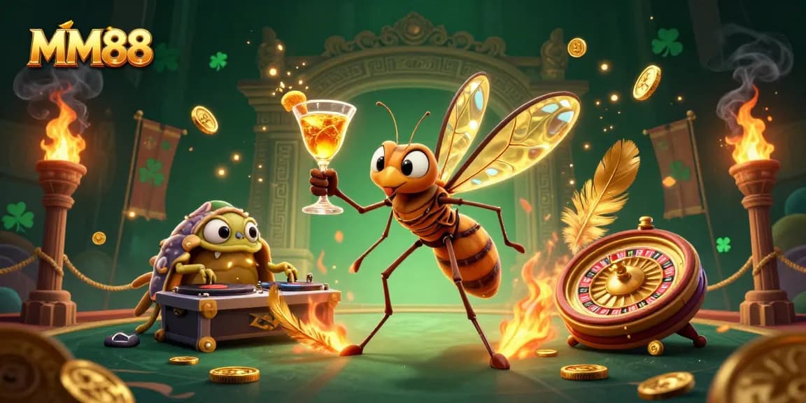 Engage with MM88's exciting casino mascot in a vibrant gaming scene filled with dynamic elements.