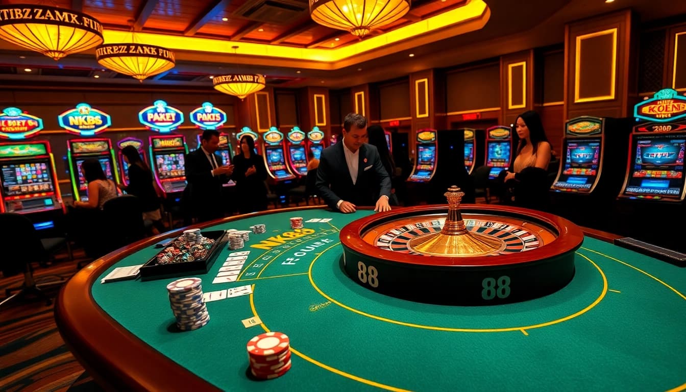 NK88 gambling event with vibrant poker table, roulette wheel, and professional dealers