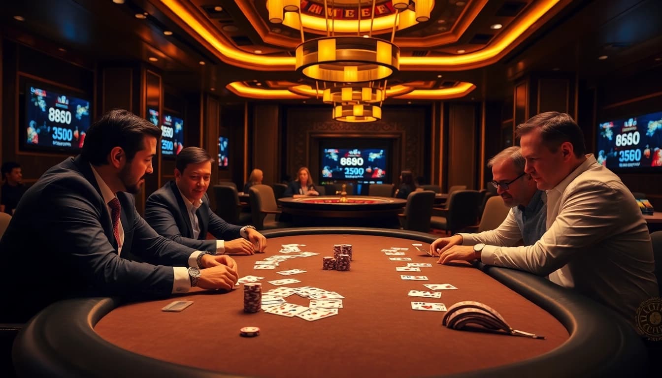 Players enjoying a high-stakes poker game at 888 P casino, showcasing chips and cards.