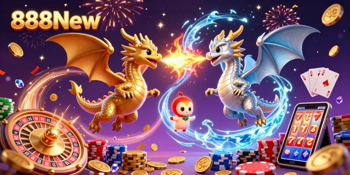 Experience the excitement of 888New with colorful gaming elements like dragons, coins, and card action.
