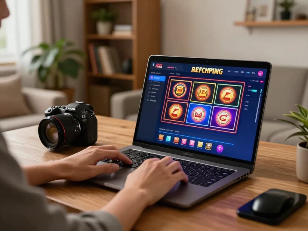 Player engaging with the God55 online casino app, focused on slot machine gameplay, warm home setting.