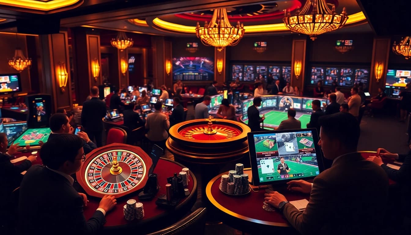 Experience the thrill of Open88 as gamblers engage in high-stakes action with vibrant casino elements.